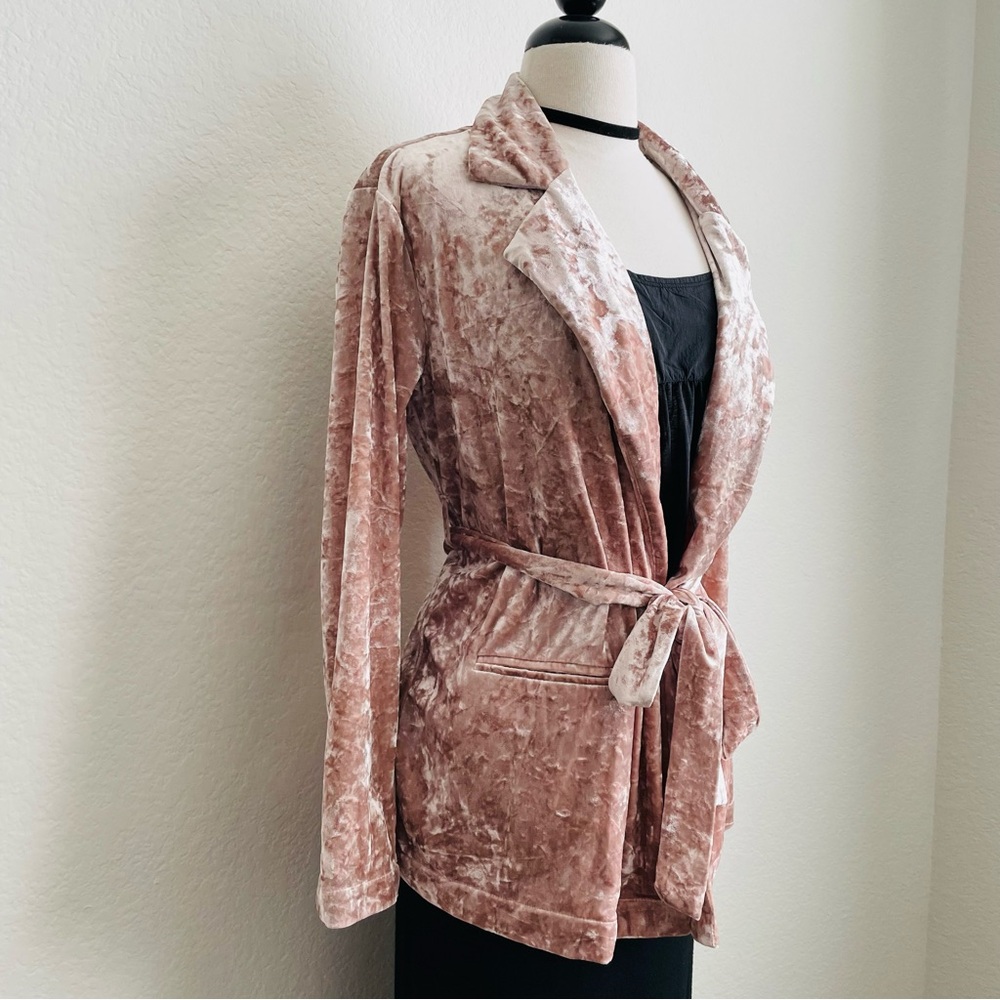 Chelsea 28 Pink Velvet Open-Front Belted Blazer Jacket Coat - Picture 3 of 14